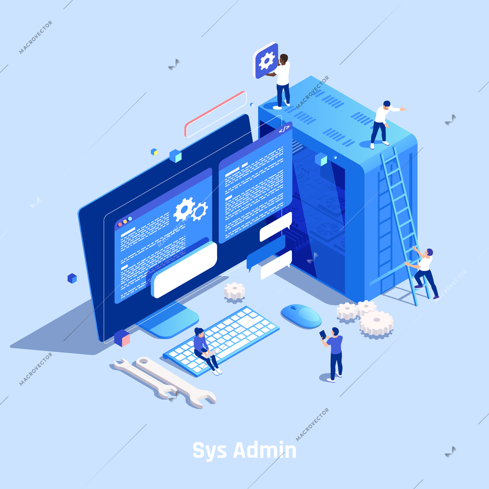 IT professions isometric composition with sys admin symbols vector illustration