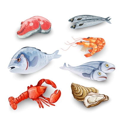 Seafood products set with salmon steak shrimp prawns fish crab isolated vector illustration