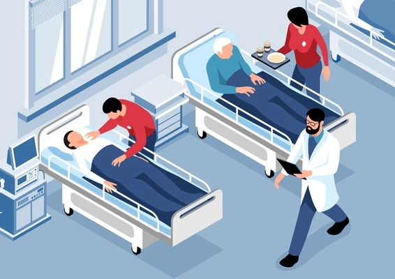 Isometric volunteering charity background with people looking after sick men in hospital 3d vector illustration