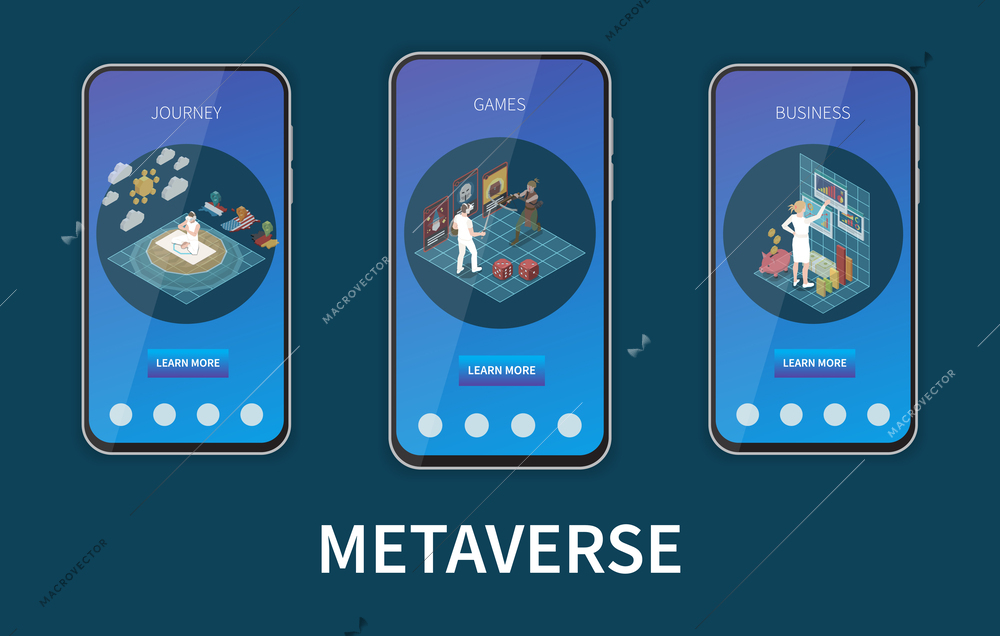 Metaverse vertical web mobile banners set with virtual journeys games and business isolated on color background 3d isometric vector illustration