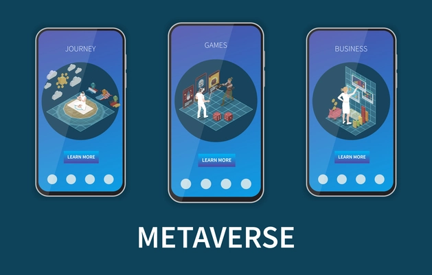 Metaverse vertical web mobile banners set with virtual journeys games and business isolated on color background 3d isometric vector illustration