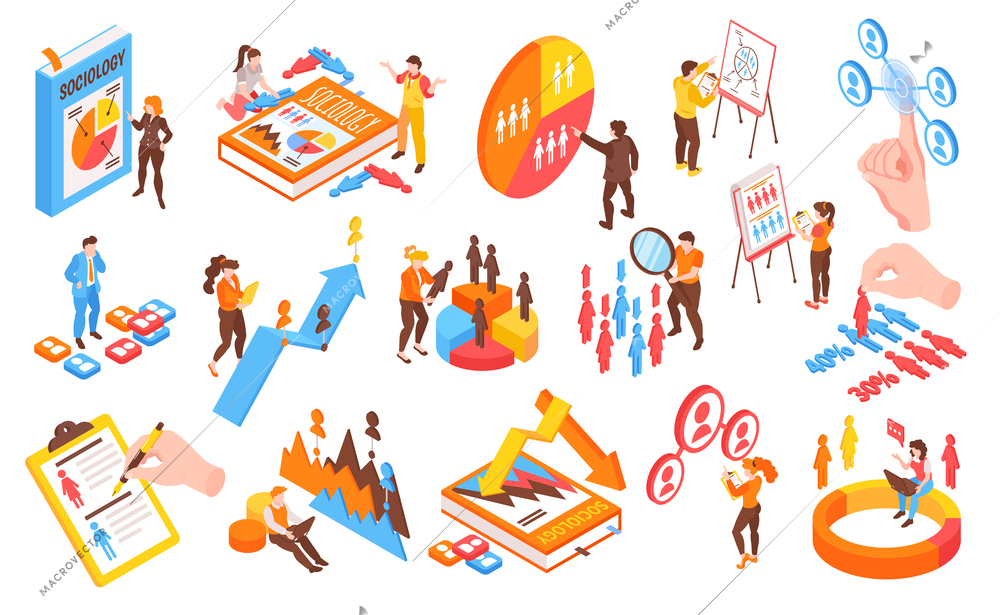 Isometric sociology science icons set with statistical data and opinion poll symbols isolated vector illustration