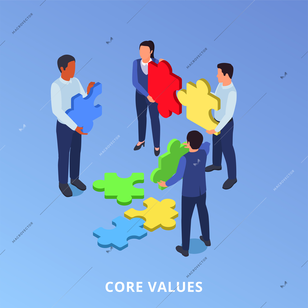 Corporate culture isometric concept with business people assembling puzzle vector illustration