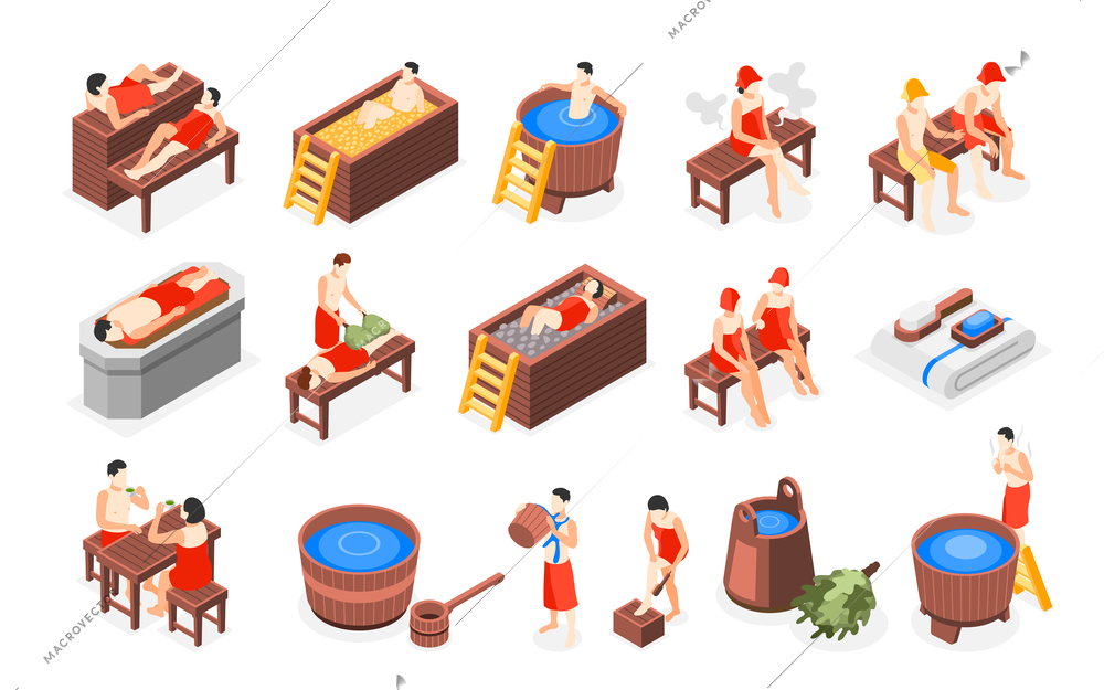 Bathhouse and spa relaxing isometric set demonstrating people in steam bath jacuzzi massage procedures tea time isolated vector illustration