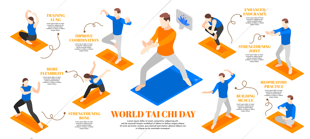 World tai chi and qigong day isometric icons set with practicing men and women isolated vector illustration