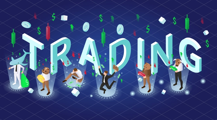 Trading isometric composition with finance and market symbols vector illustration