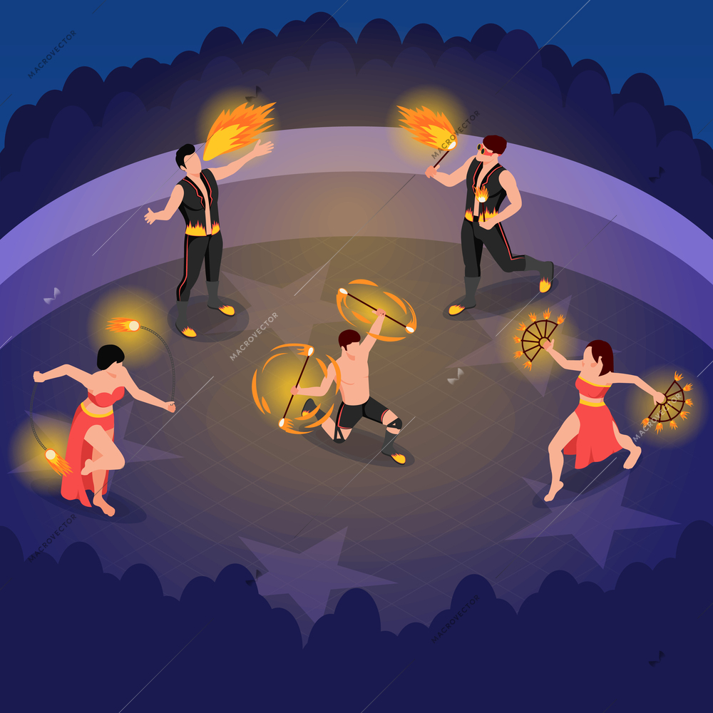 Fireshow people isometric composition with fire dance show symbols vector illustration