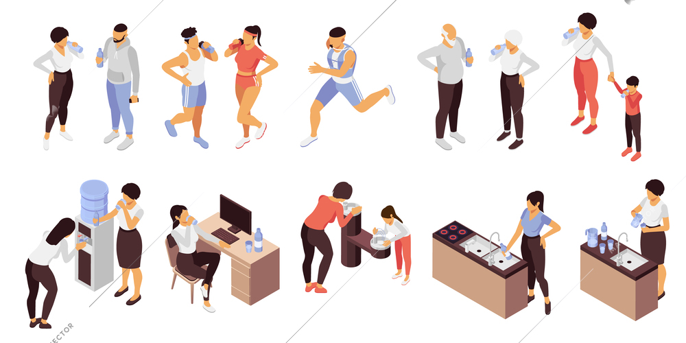 People drinking water set with sports symbols isometric isolated vector illustration