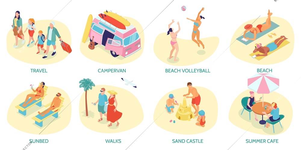 Summer vacation composition set with summer cafe symbols isometric isolated vector illustration