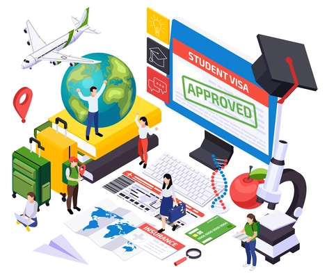 International tourism isometric composition with education workplace items and computer flight tickets and small human characters vector illustration