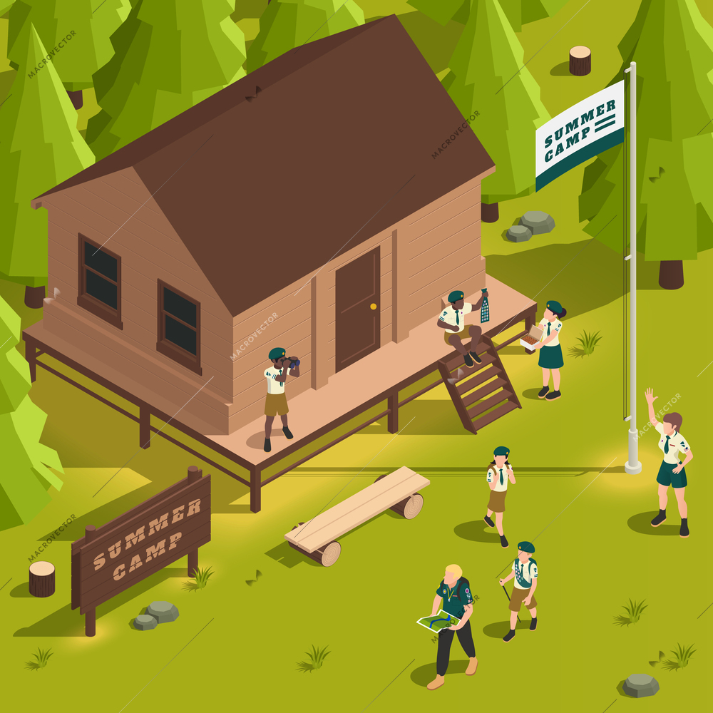 Isometric children summer camp scenery with boys and girls scouts doing various activities near wooden house 3d vector illustration