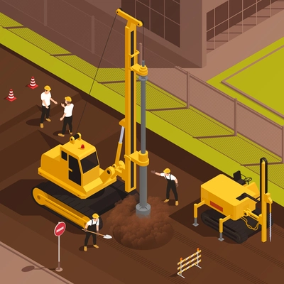 Workers drilling well on construction site in urban area 3d isometric vector illustration