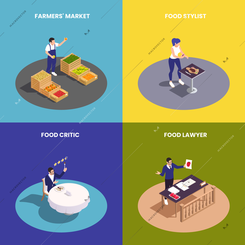 Isometric food industry professions 2x2 design concept with farmer stylist critic and lawyer on colorful backgrounds 3d isolated vector illustration