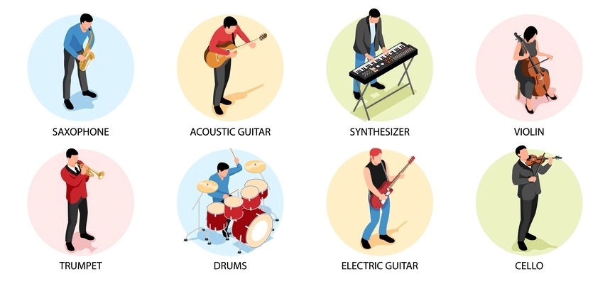 Isometric musicians composition set with people playing saxophone trumpet and drums isolated vector illustration