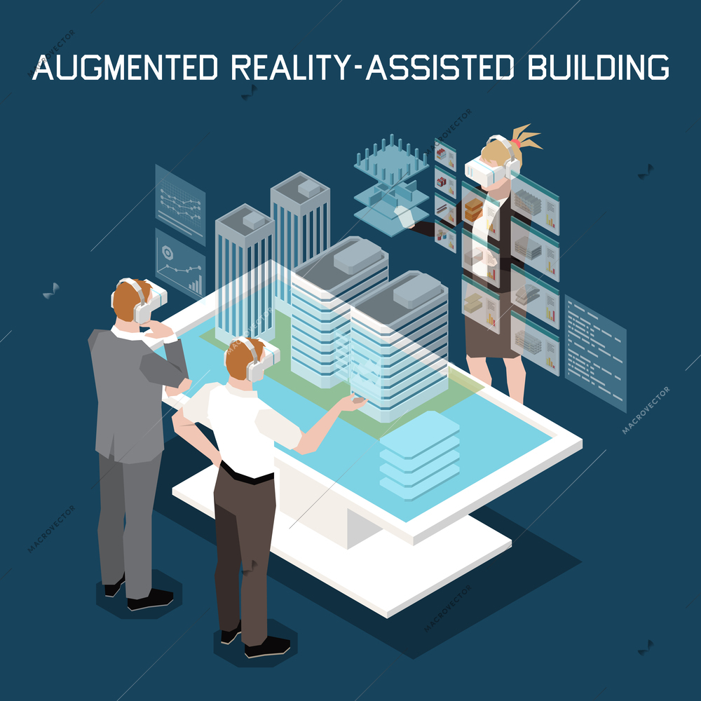 Modern construction technologies isometric background with people used augmented reality assisted building 3d vector illustration