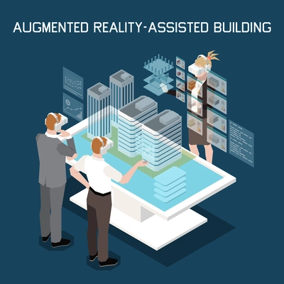 Modern construction technologies isometric background with people used augmented reality assisted building 3d vector illustration