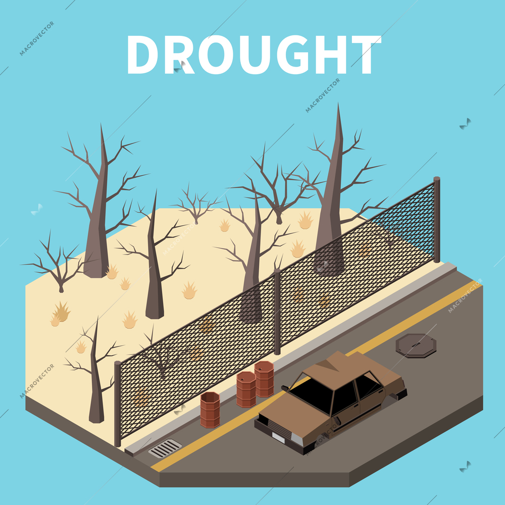 Drought isometric background depicting fragment of city landscape with dried up trees vector illustration