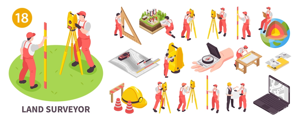 Isometric engineer surveyor icons set with land measurement triangular and constuctrion study symbols isolated vector illustration