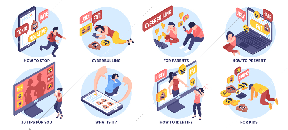 Isometric cyberbullying composition set with online safety and abuse prevention concepts isolated vector illustration
