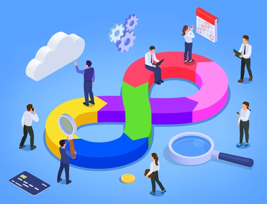 Devops Infographics isometric background abstract with big multicolored infinity sign it icons and small businesspeople characters vector illustration