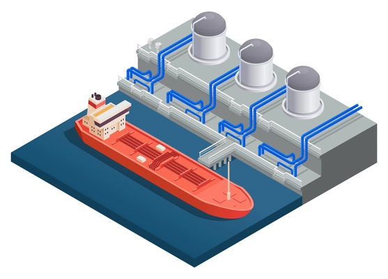 Gas industry isometric composition with water carrier ship bunkering in  liquefied natural gas terminal vector illustration