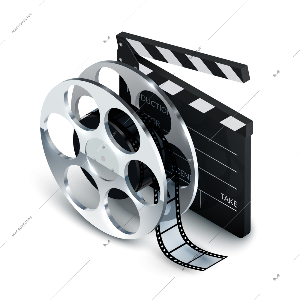 Cinema concept realistic with clapboard and film reel 3d vector illustration