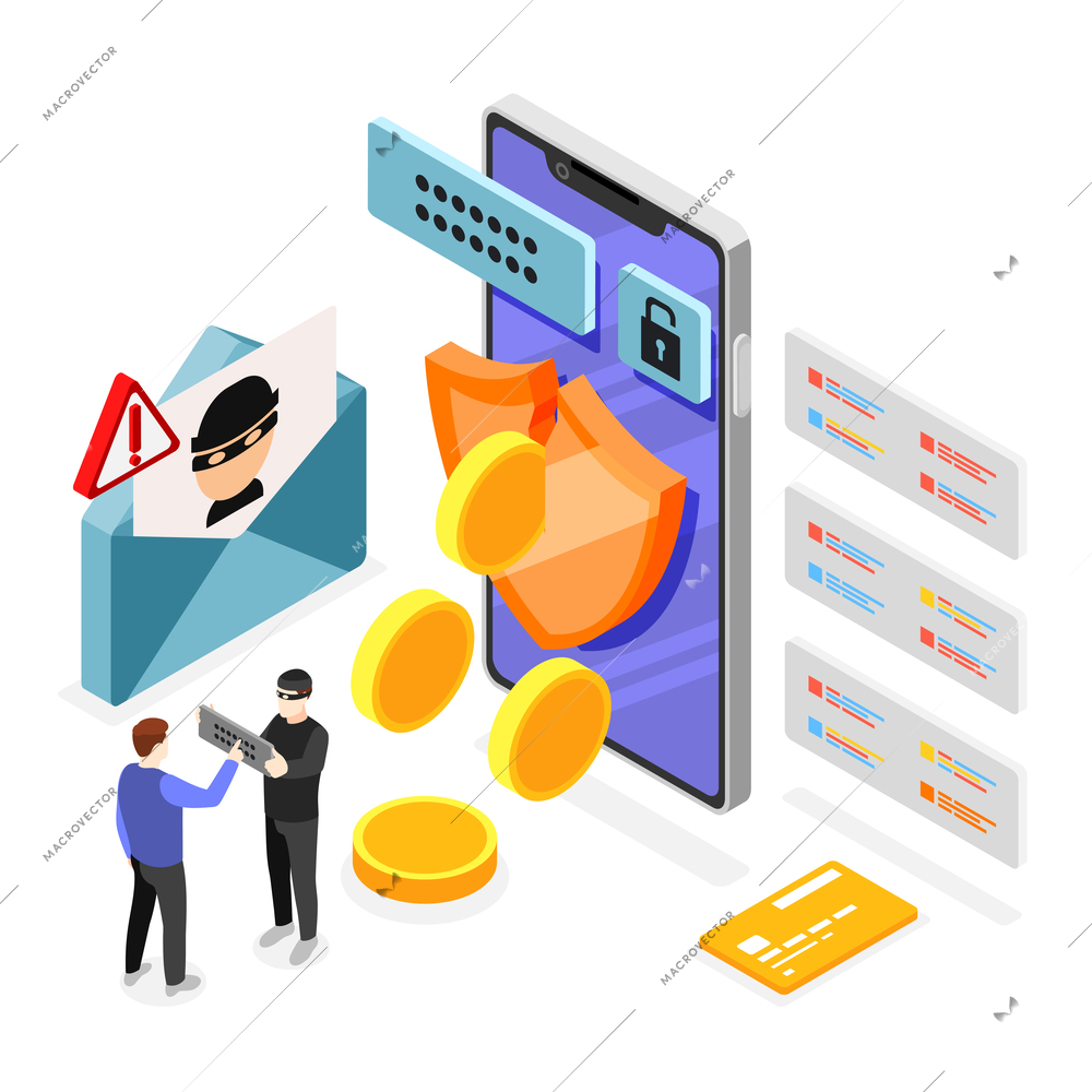 Phishing isometric background with fraud email and cracked security vector illustration