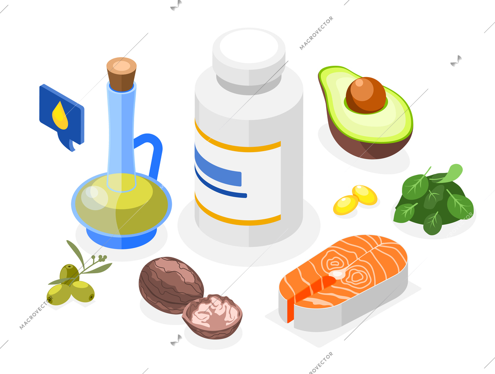 Omega 3 isometric background with salmon wallnut avocado and other oil rich products vector illustration