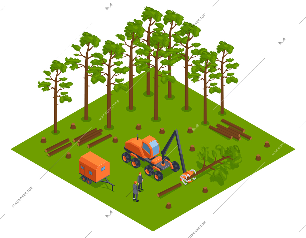 Isometric deforestation concept with woorworking machinery in forest vector illustration