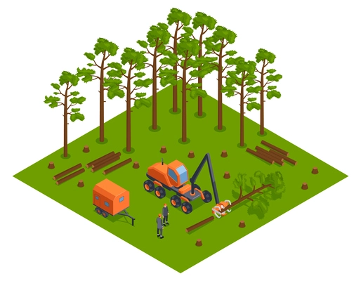 Isometric deforestation concept with woorworking machinery in forest vector illustration