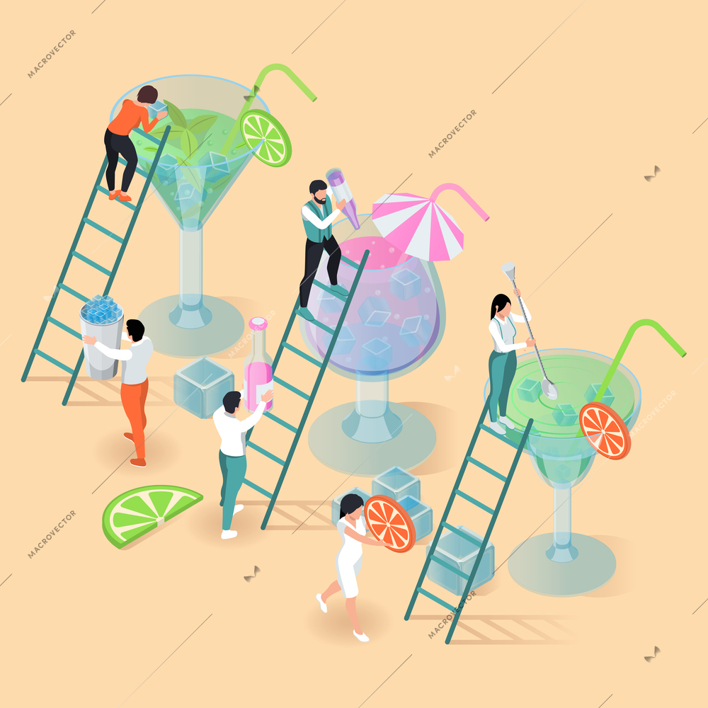 Bartender isometric background with little people characters decorating big wine glasses with cocktail or juice vector illustration