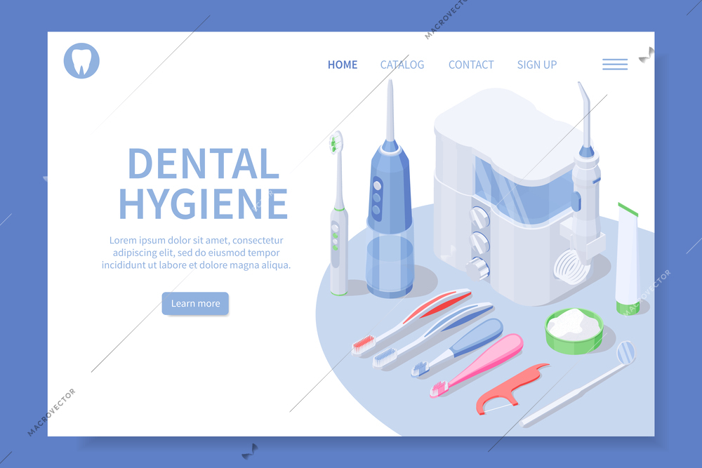 Dental hygiene isometric landing page depicting equipment tools and products for keeping teeth clean vector illustration