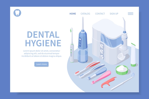 Dental hygiene isometric landing page depicting equipment tools and products for keeping teeth clean vector illustration