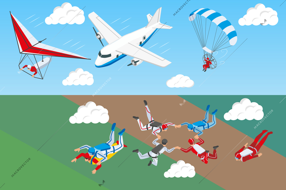 Parachuting isometric horizontal banners with airplane hang glider and group of people skydiving in  sky vector illustration