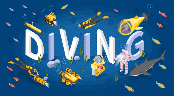 Diving isometric marine composition with big letters and small deep sea vehicles and diver characters vector illustration