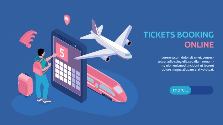 Online services horizontal banner advertising of train and plane tickets booking isometric vector illustration