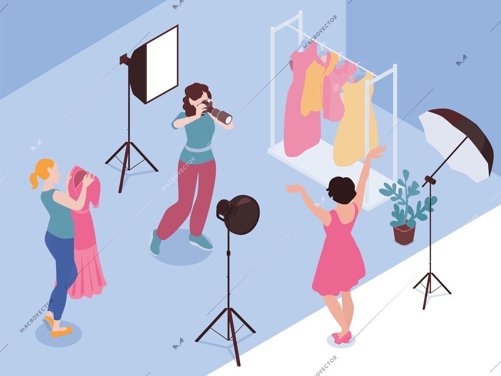 Fashion photo session isometric background with three girls posing dressing up and photographing vector illustration