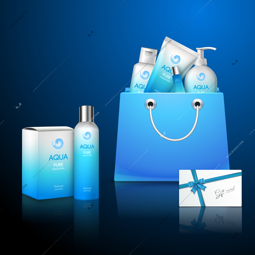 Blue packages cosmetics set in fashion bag with gift card vector illustration