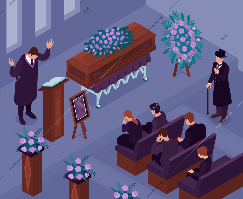 Funeral ceremony isometric background with  priest and sad family members in black clothes near coffin vector illustration