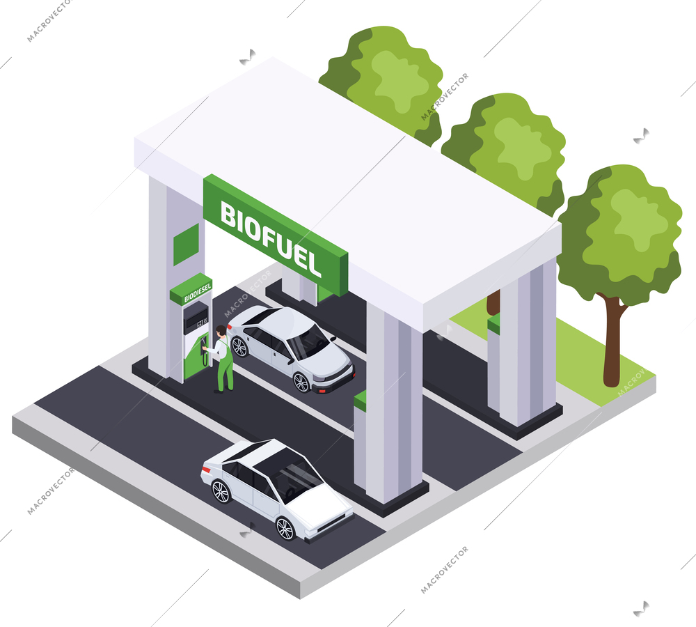 Bio fuel production isometric composition with outdoor view of green energy gas station with people cars vector illustration