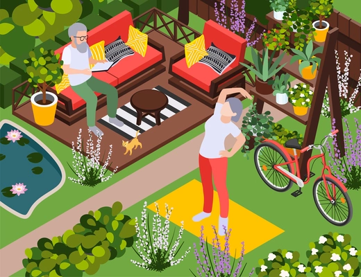 Senior healthcare healthy aging composition with outdoor backyard garden scenery and aged couple during leisure activities vector illustration