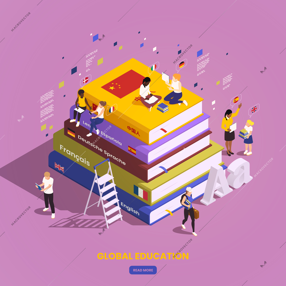 Global education student exchange isometric composition with view of books stack surrounded by people and icons vector illustration