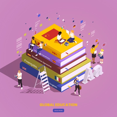 Global education student exchange isometric composition with view of books stack surrounded by people and icons vector illustration