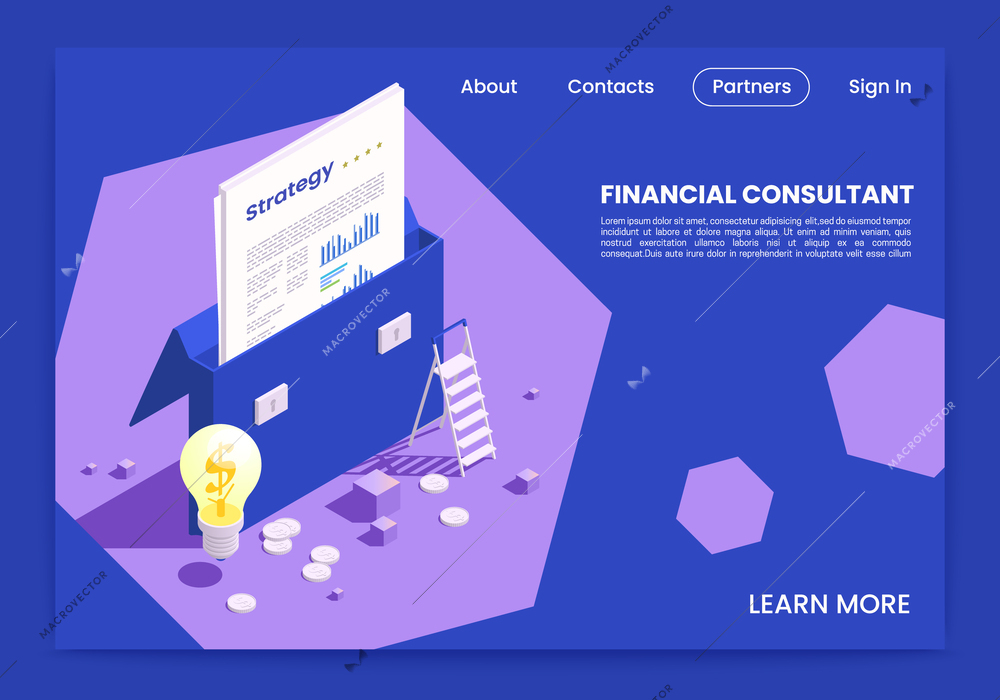 Financial professions isometric landing page with clickable text links and conceptual images of briefcase lamp bulb vector illustration