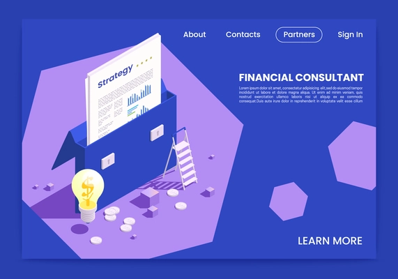 Financial professions isometric landing page with clickable text links and conceptual images of briefcase lamp bulb vector illustration