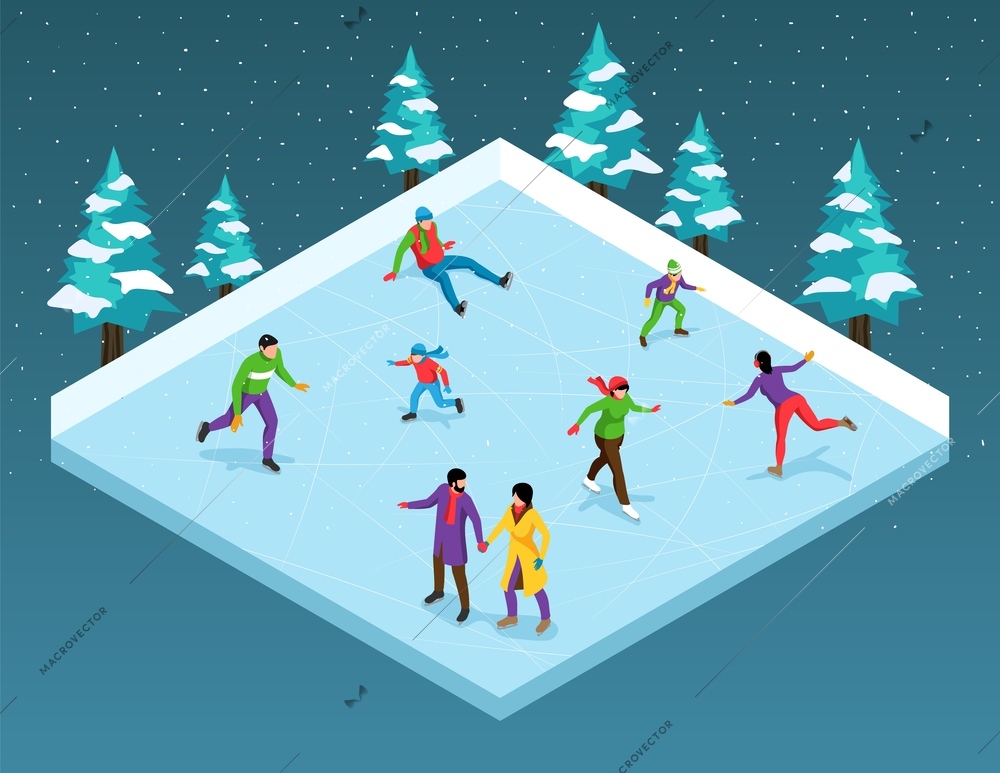 Isometric composition with people of different ages skating on ice rink with snow falling on colour background 3d vector illustration