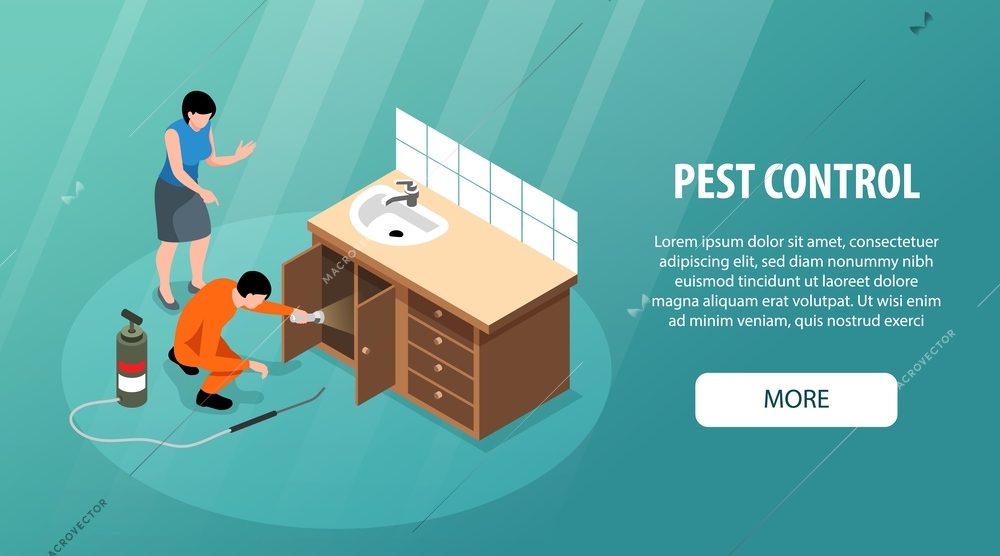 Isometric pest control service horizontal web banner with specialist in uniform using insecticide at home 3d vector illustration