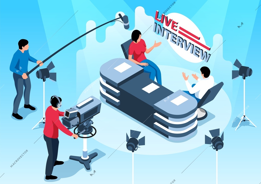 Tv news studio scene with camera crew broadcasting live interview 3d isometric vector illustration