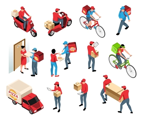 Delivery isometric set of couriers with parcels riding scooter bicycle delivering order isolated 3d vector illustration