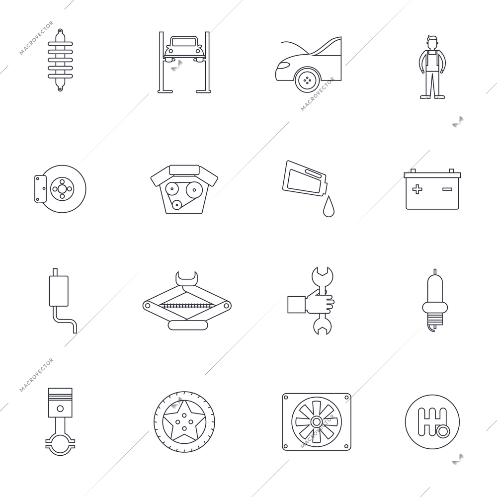 Auto service outline icon set with vehicle parts brakes and service isolated vector illustration